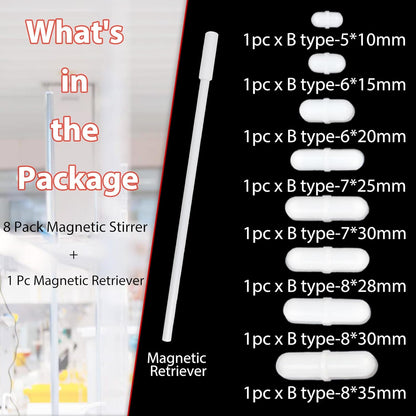 Magnetic Stir Bars with Magnetic Retriever Set, Lab Mixed Size PTFE Magnetic Stirrer Mixer Stir Bars PTFE Stiring Rod, 8x35mm, 8x30mm, 8x28mm, 7x30mm Magnetism for Laboratory Home DIY Project