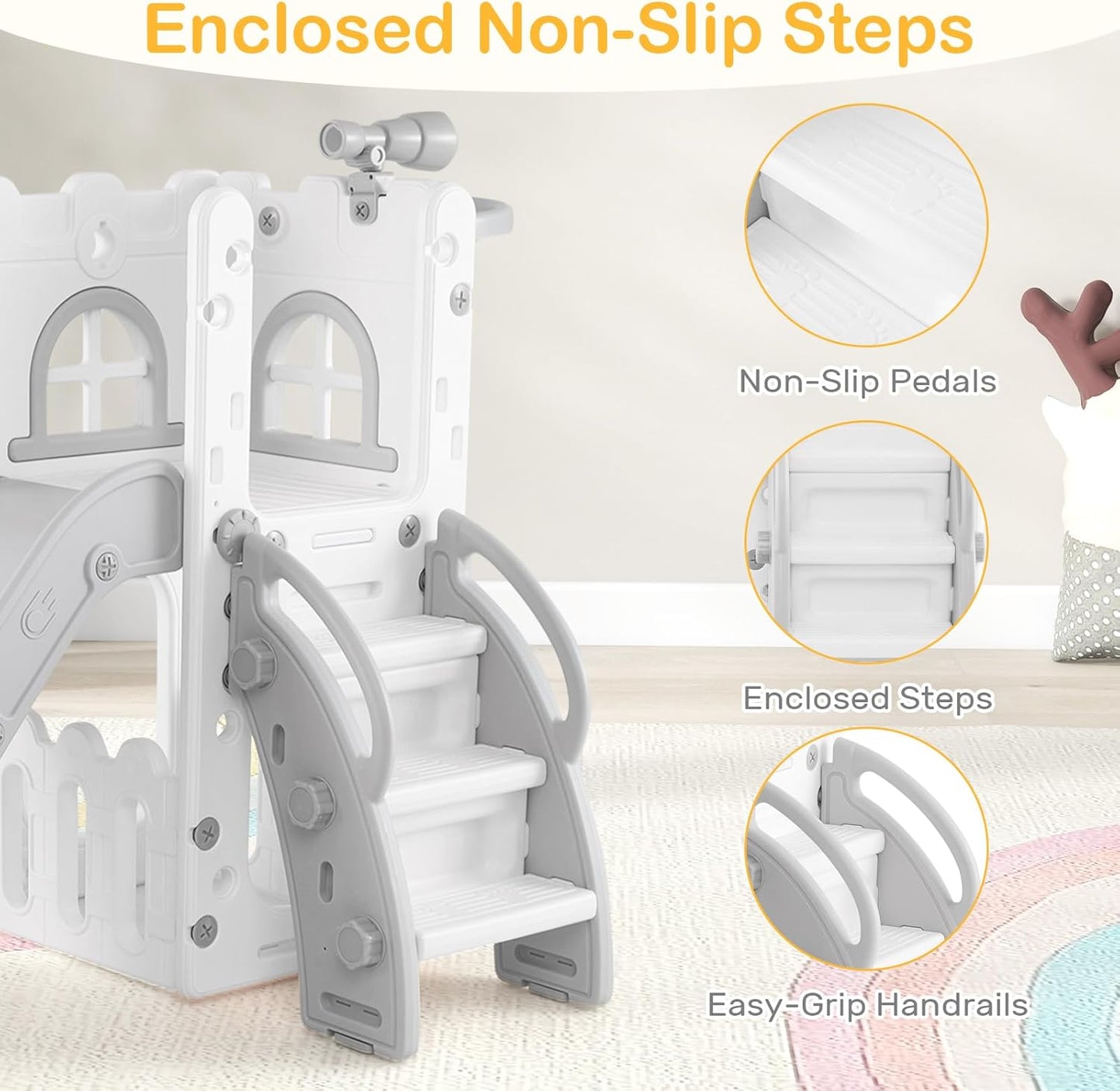 OLAKIDS Toddler Slide and Swing Set, 7 in 1 Kids Indoor Outdoor Playground with Climber Basketball Hoop Telescope Toy Storage for Boys Girls Aged 1+ (Grey)