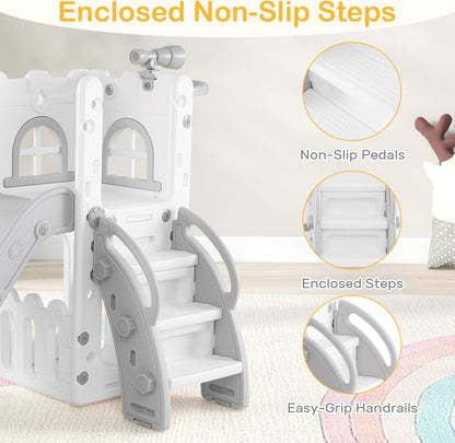 OLAKIDS Toddler Slide and Swing Set, 7 in 1 Kids Indoor Outdoor Playground with Climber Basketball Hoop Telescope Toy Storage for Boys Girls Aged 1+ (Grey)