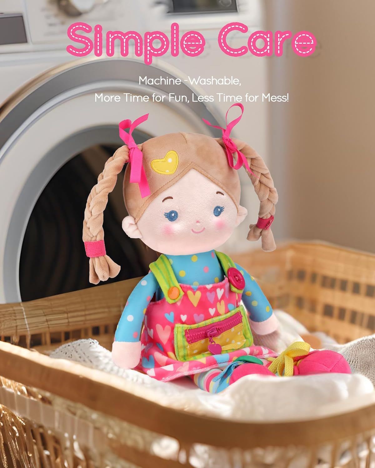 LeyaDoll Soft Bady Educational Soft Baby Doll(16''), Learning Sensory Doll for Toddlers, Montessori Toys for 2-Year-Old Girls Christmas, Birthday Gifts, Plush Doll with Button-Busy Cupcake-Girl