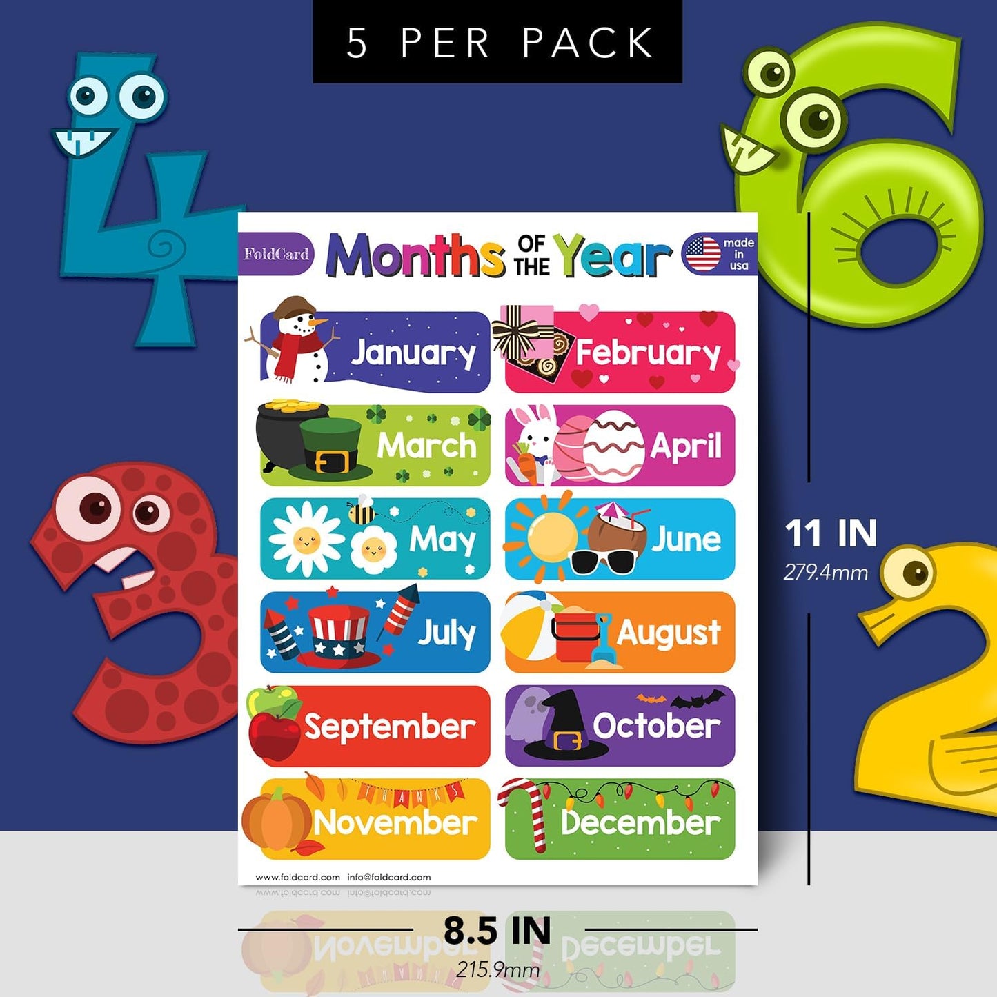 Multiplication Chart Math Table Poster – Double-Sided Educational Visual/Learning Aid Poster, Bright and Colorful | Glossy Durable Cardstock | 8.5 x 11" | 5 per Pack