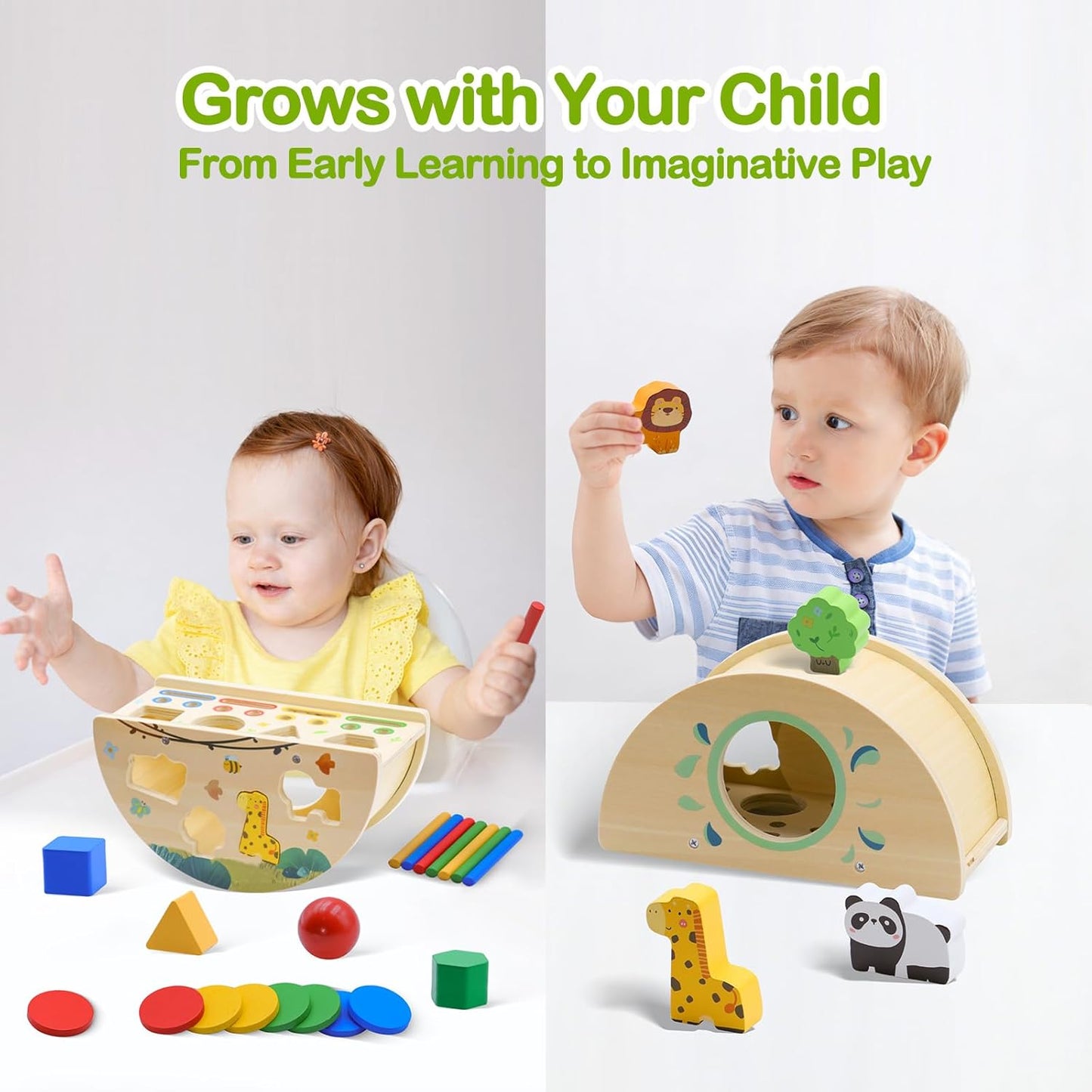 Montessori Busy Box for Toddlers 1-3, Wooden Object Permanence Coin Box with Shape Sorter & Animal Matching, Sensory Fine Motor Learning Toy with Wobble Base, Gift for 1 2 3 Year Old