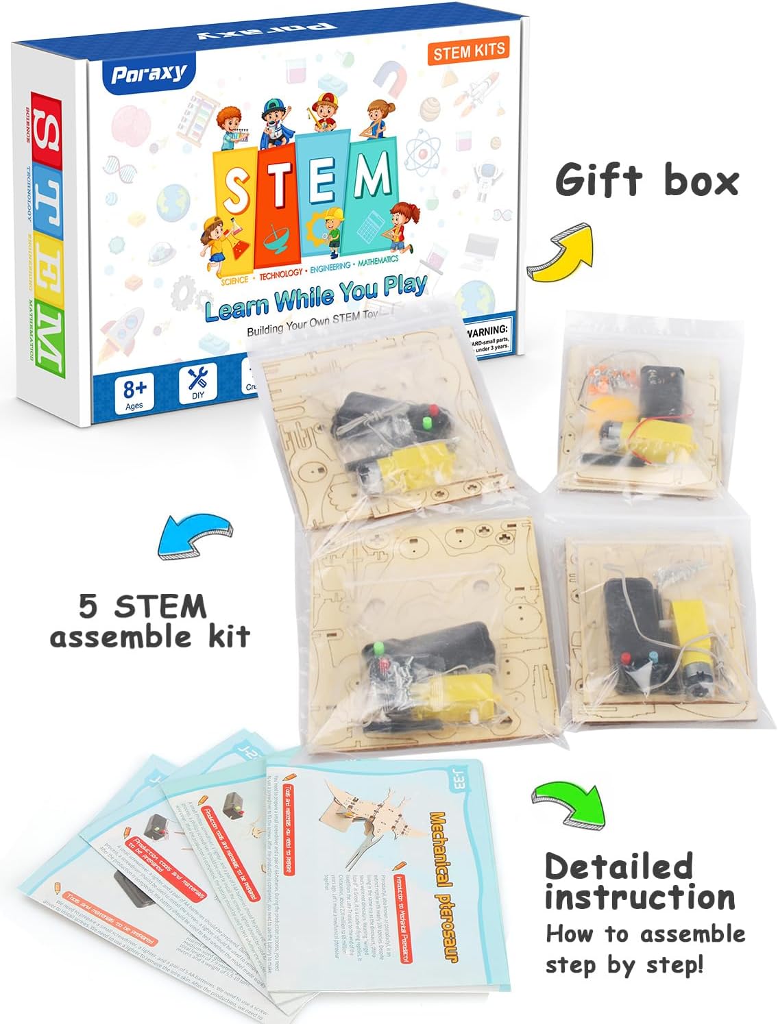 Poraxy Dinosaur Toys, 4 in 1 STEM Kits for Kids Age 8-10, Toys for Ages 8-13, Educational Science Building Projects, 3D Wooden Puzzles Robot Crafts, Gifts for Boys Girls 7 8 9 10 11 12 13 Year Old