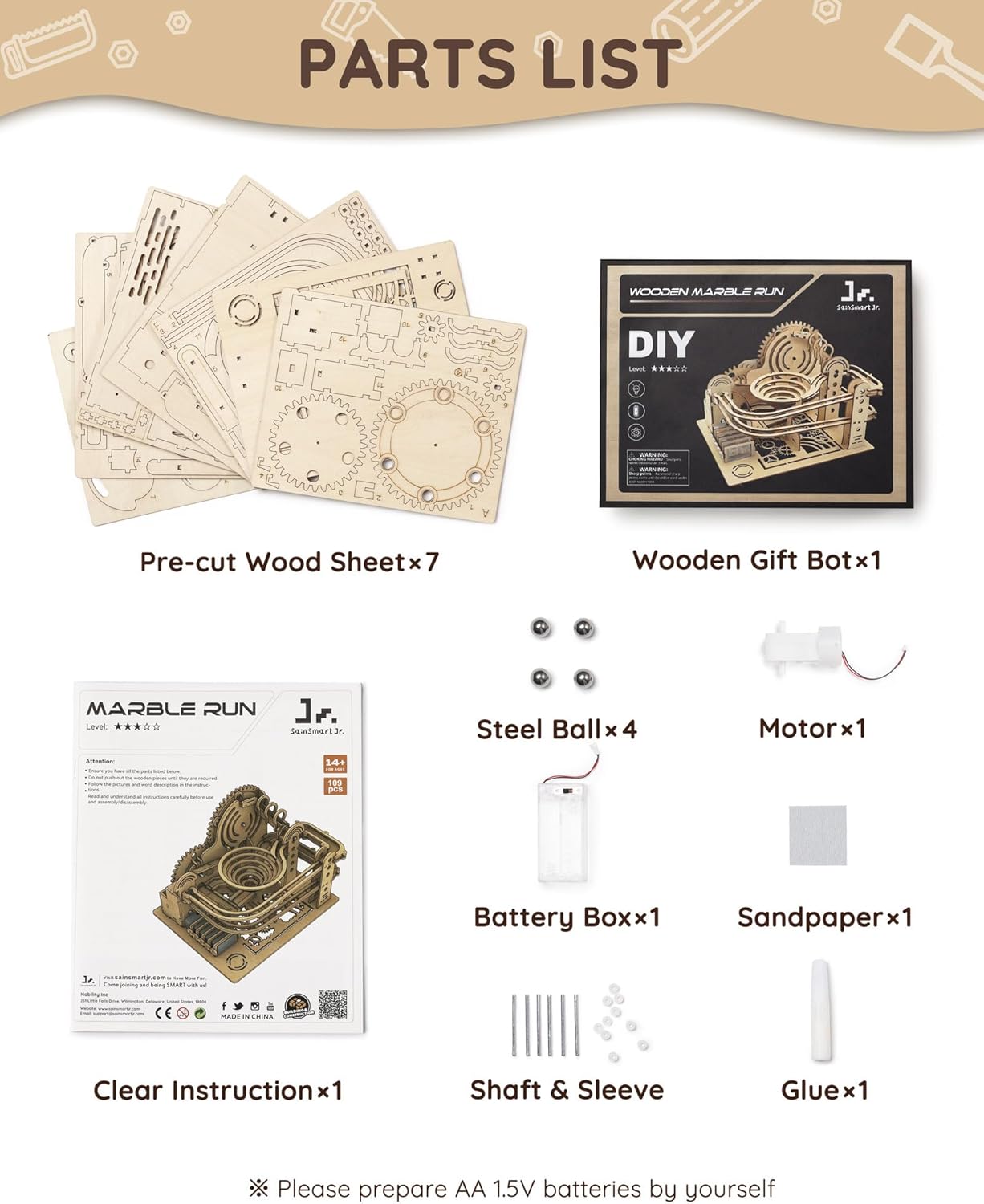 SainSmart Jr. 3D Wooden Puzzles for Adults, Marble Run Wood to Build, Mechanical Model Building Kit, DIY Gift for Aged 14+, Roller Coaster