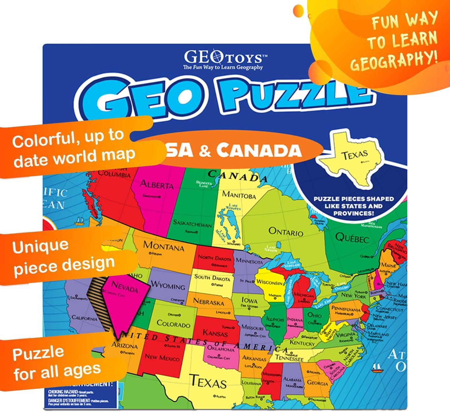GeoToys GeoPuzzle, World Jigsaw Puzzles, 68 Pc Geography Game & Map Puzzle, Educational Games & Kids Learning Activities, Puzzle Gifts for Children Ages 6-9, Fun Learning Toys for Kids