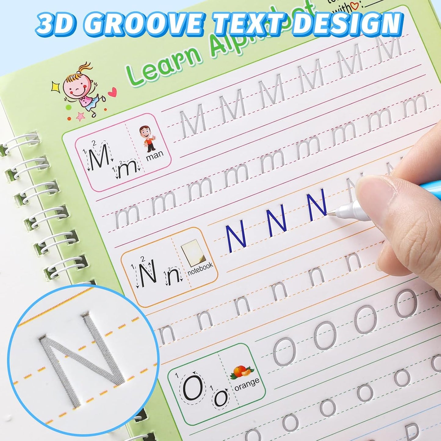 Grooved Magic Practice Copybook, Reusable Writing Practice Book, for Preschool Kids Age 3-8 Calligraphy (5 Books with 40 Pens) (Colorful)