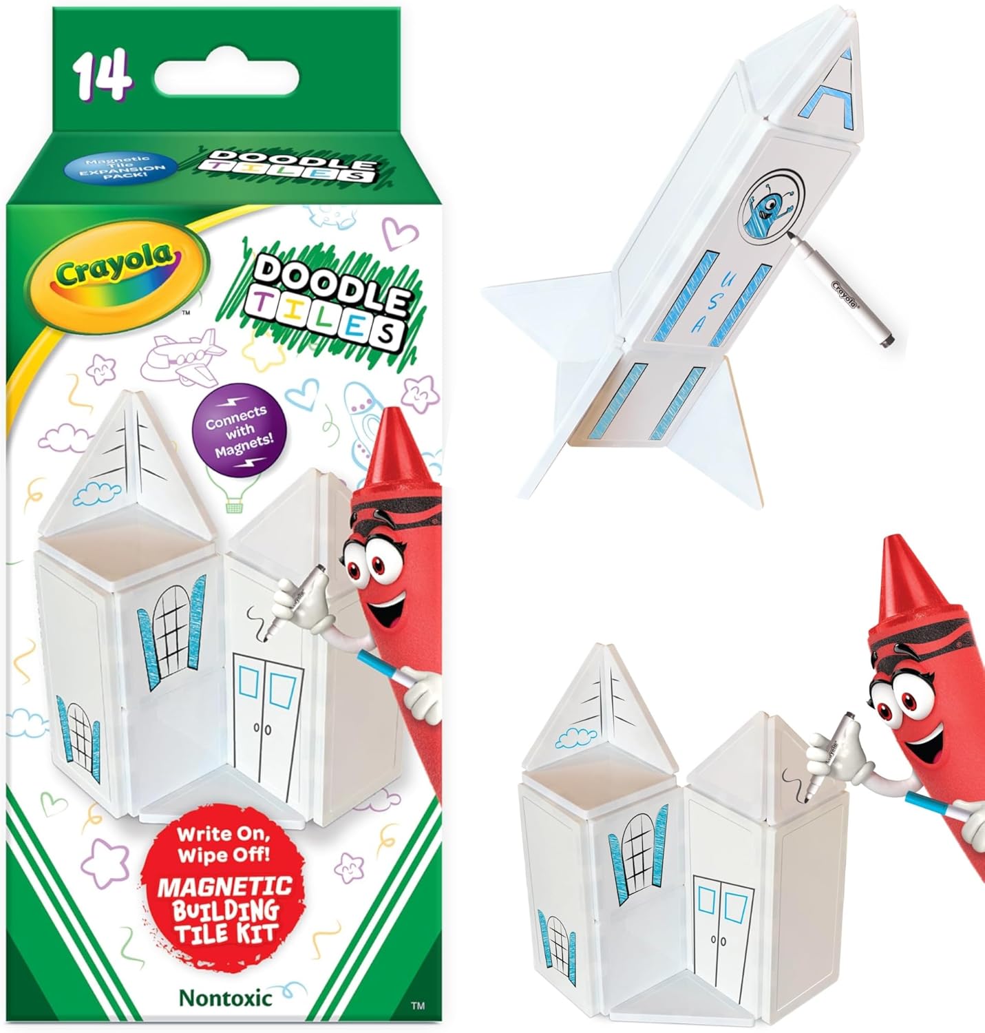 CreateOn Crayola Magnetic Tiles, Building Set for Kids, Magnetic Toys for Kids, Travel Toys, Classroom Sensory Toy Blocks, STEM & Montessori Tools for Boys & Girls Ages 3+, 14-Piece Set (Glitter)