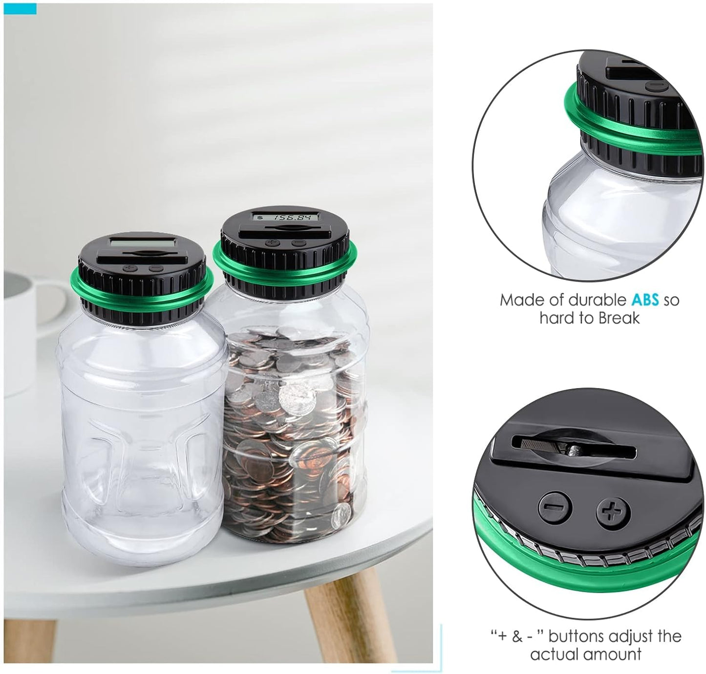 Large Piggy Bank for Adults Kids, Vcertcpl Digital Coin Counting Bank with 1.8L Capacity, Great Coin Bank Money Jar for Adults Kids with Saving Goals, Bank for All US Coins (Green B)