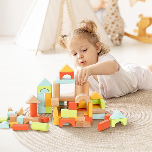 100pcs Natural Beech Wooden Building Blocks for Toddlers 1-3, Wooden Blocks for Baby Shower with Storage Bucket, Montessori Toys for Preschool Girls and Boys