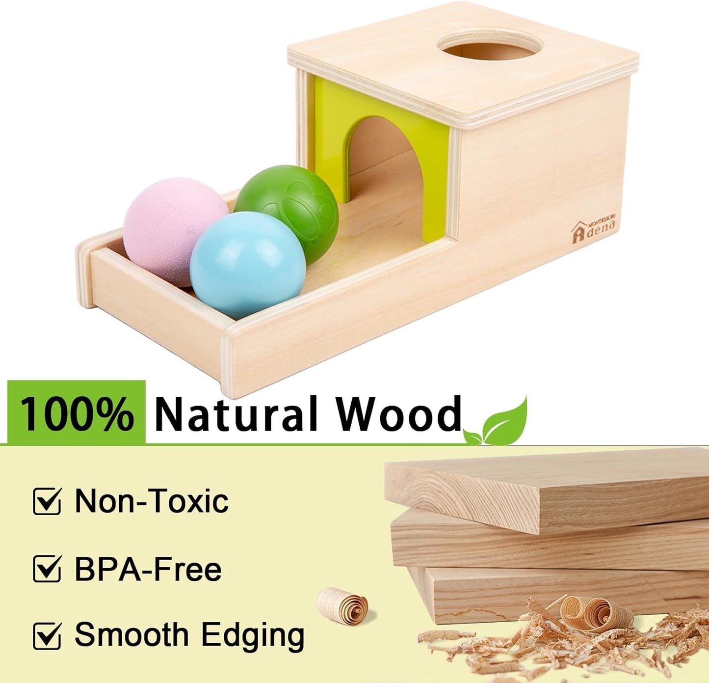 Adena Montessori Wooden Toy for 6-12 Month Baby 3 Balls with Tray, Object Permanence Box Colorful Learning Education Toy for Toddler Kid 1-2 Year Old, Preschool Developmental Girl and Boy Gift