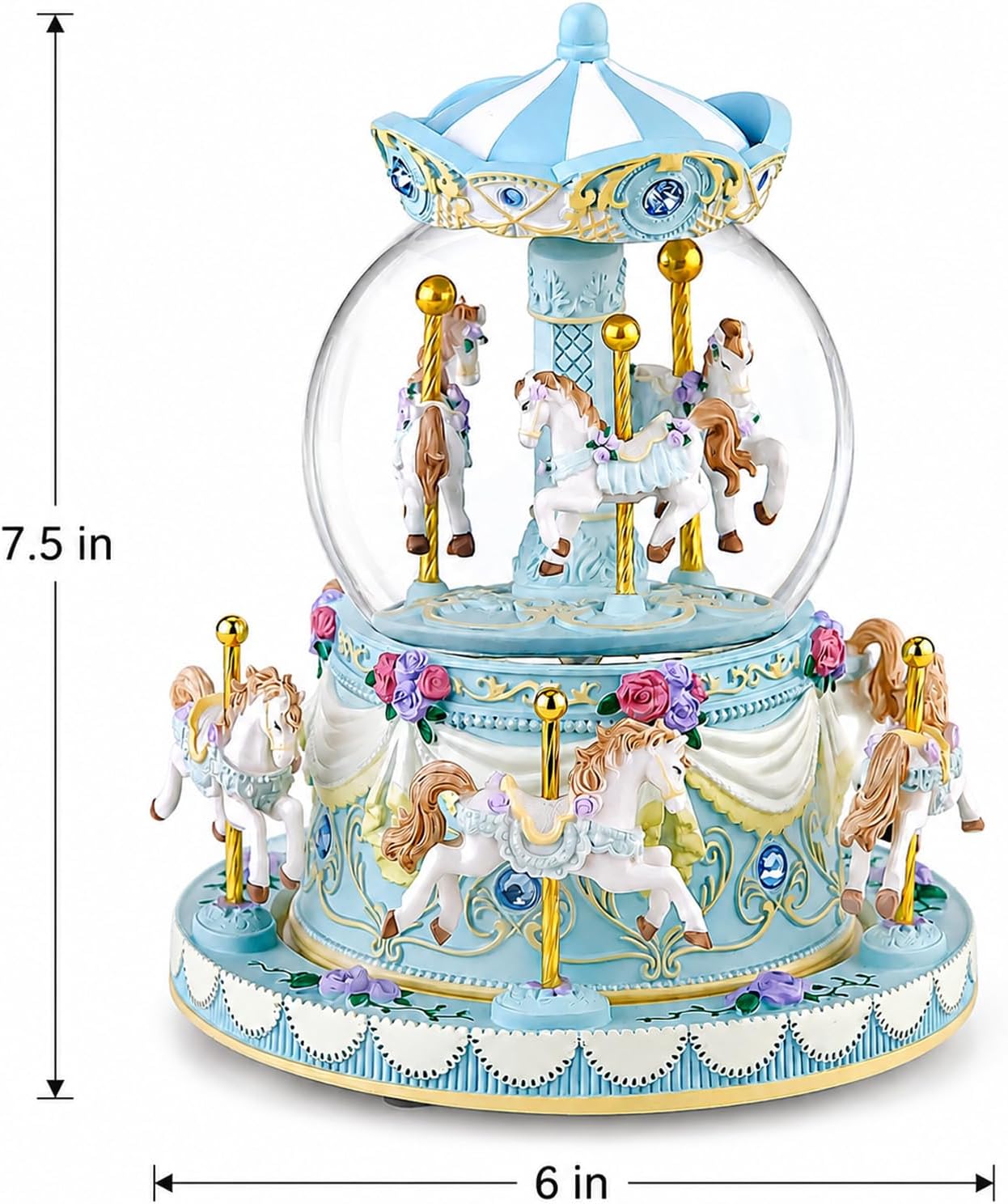 Blue Carousel Snow Globe Music Box with LED Lights, Rotating Horse Merry Go Round with Glitter Snowfall, Wind Up Musical Snow Globe Plays Over the Rainbow, Gift for Daughter Granddaughter Women