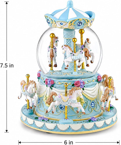 Blue Carousel Snow Globe Music Box with LED Lights, Rotating Horse Merry Go Round with Glitter Snowfall, Wind Up Musical Snow Globe Plays Over the Rainbow, Gift for Daughter Granddaughter Women