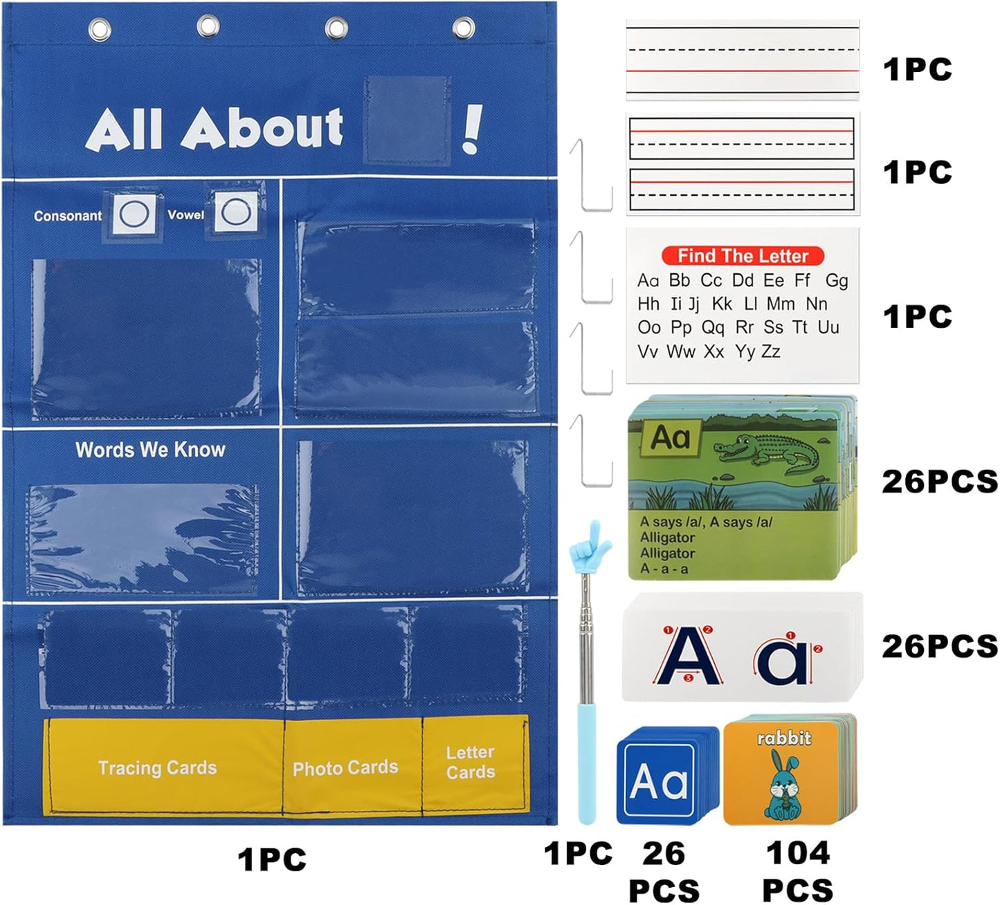 Alphabet Learning Pocket Chart Letter Recognition Tool Alphabet Wall Chart ABC Flash Cards Handwriting Practice Letter Tracing for Homeschool (Color:Bule)