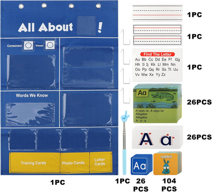 Alphabet Learning Pocket Chart Letter Recognition Tool Alphabet Wall Chart ABC Flash Cards Handwriting Practice Letter Tracing for Homeschool (Color:Bule)