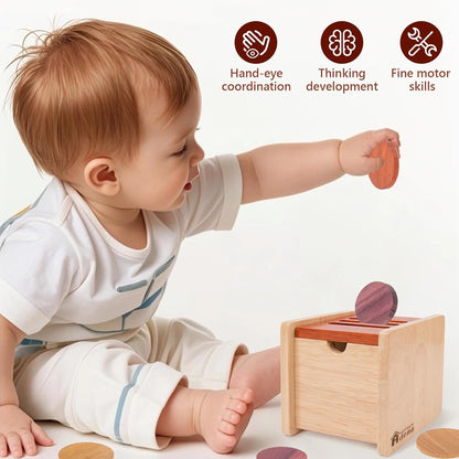 Adena Montessori Coin Box -Natural Wood Double-Sided Object Permanence Box Toy for 1-Year-Old Babies, Wooden Montessori Developmental Toy for 6-12 Month, Early Learning Gift