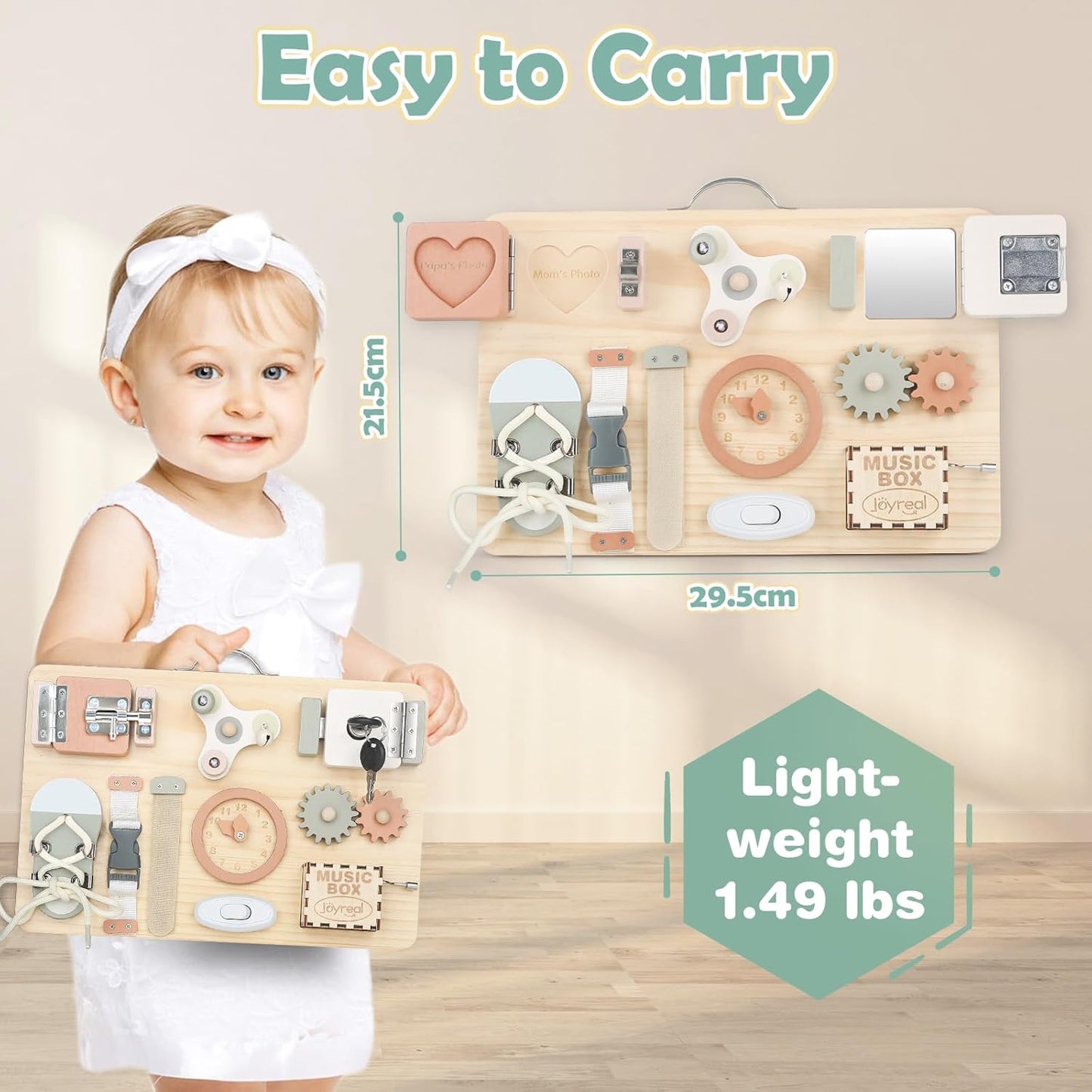 Joyreal Wooden Busy Board for Toddlers, Montessori Toys for 1 2 3 Year Old, Sensory Activity Board with Music Box & 10 Motor Skill Activities, Educational Travel Toys Gift for Boys Girls