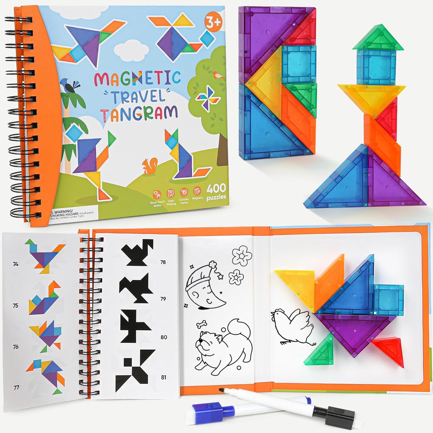 USATDD Travel Tangram Puzzle with 2 Set, Magnetic Pattern Blocks Road Trip Travel Games Jigsaw Montessori Brain Blocks IQ Book with 368 Solution Brain Teasers for Kids Adults Challenge