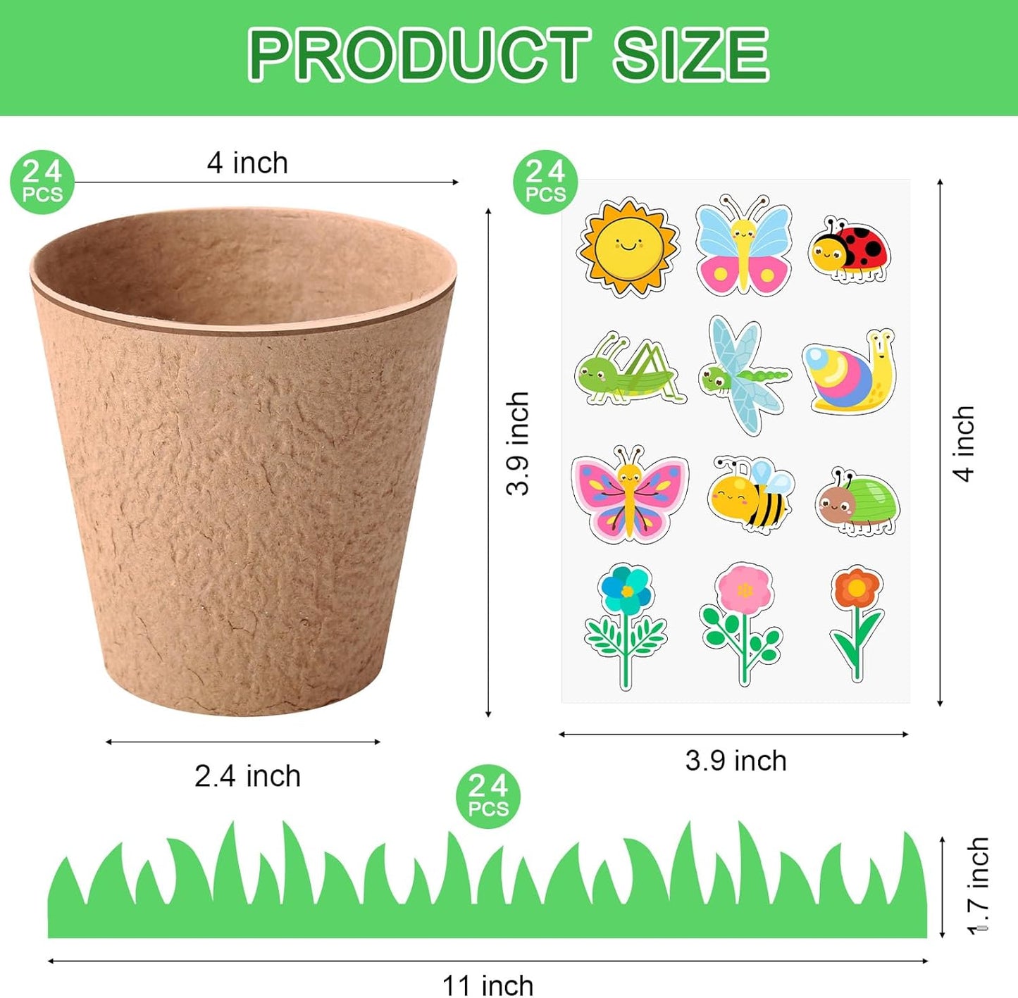 72 Pcs 4 Inch Garden Paper Pot Craft Kit Spring Crafts Bulk Including Round Paper Mache Pots Adhesive Foam Sticker EVA Grass Sticker Mother's Day DIY Planting Growing Garden Kit