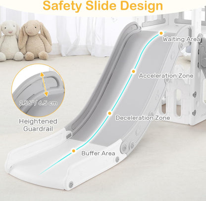 OLAKIDS Toddler Slide and Swing Set, 7 in 1 Kids Indoor Outdoor Playground with Climber Basketball Hoop Telescope Toy Storage for Boys Girls Aged 1+ (Grey)