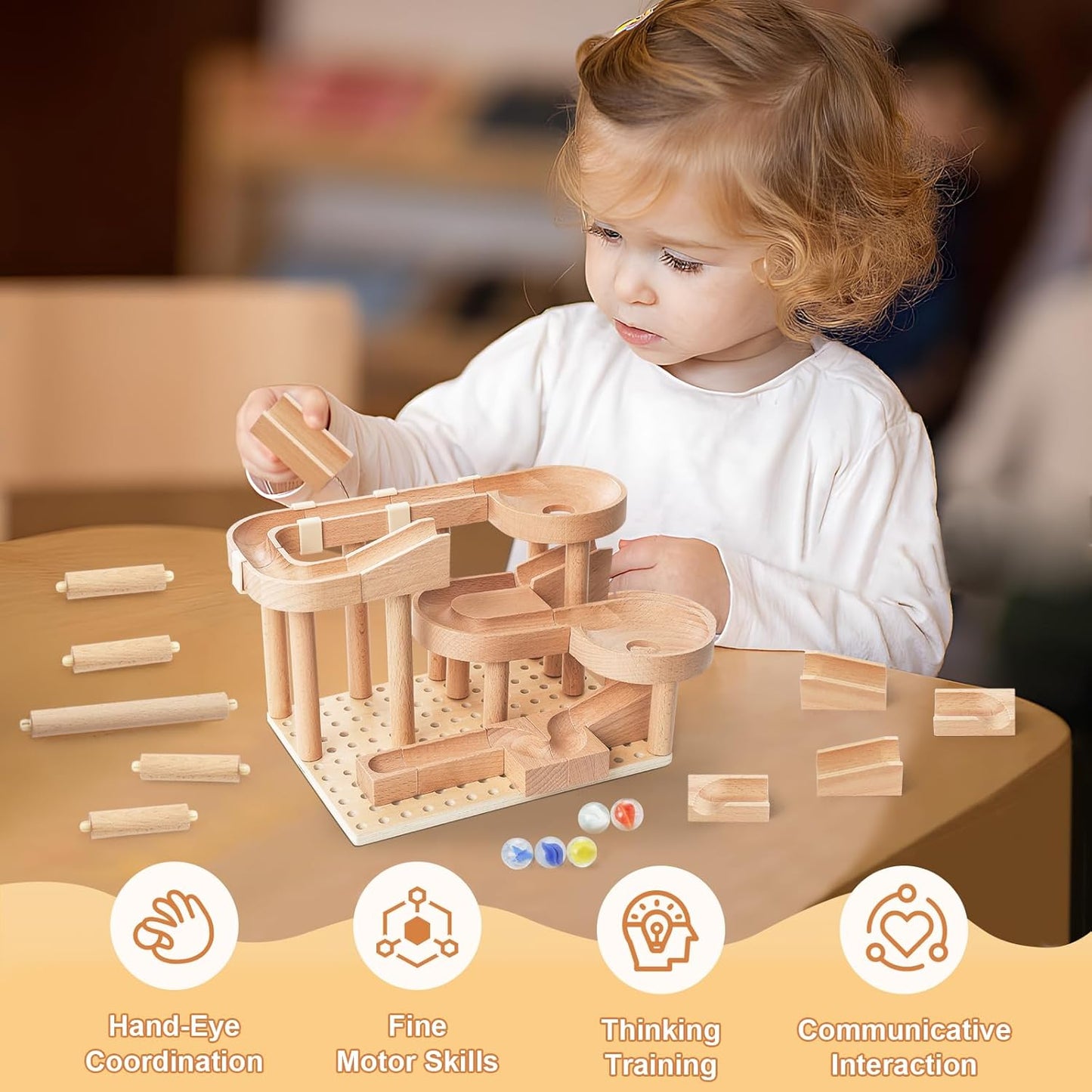 Wooden Marble Runs for Kids 4-8, 38 Pcs Marble Rush Track Maze Construction Play Set, STEM Learning Toys, Wood Building Blocks Toys, Gift for Boys & Girls