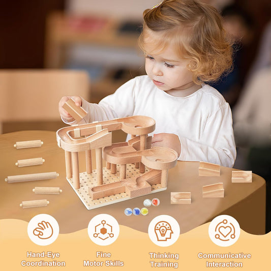 Wooden Marble Runs for Kids 4-8, 38 Pcs Marble Rush Track Maze Construction Play Set, STEM Learning Toys, Wood Building Blocks Toys, Gift for Boys & Girls
