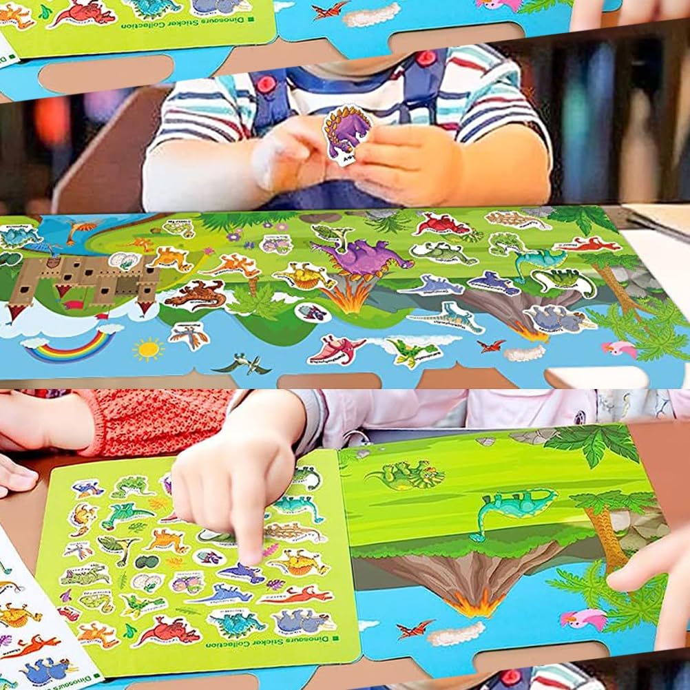 RUSON Reusable Sticker Book for Kids, 2 Sets Educational Learning Toys Travel Stickers Activity Books for Toddler Girls Boys Age 3+ Birthday Gifts - Vehicle & Dinosaur