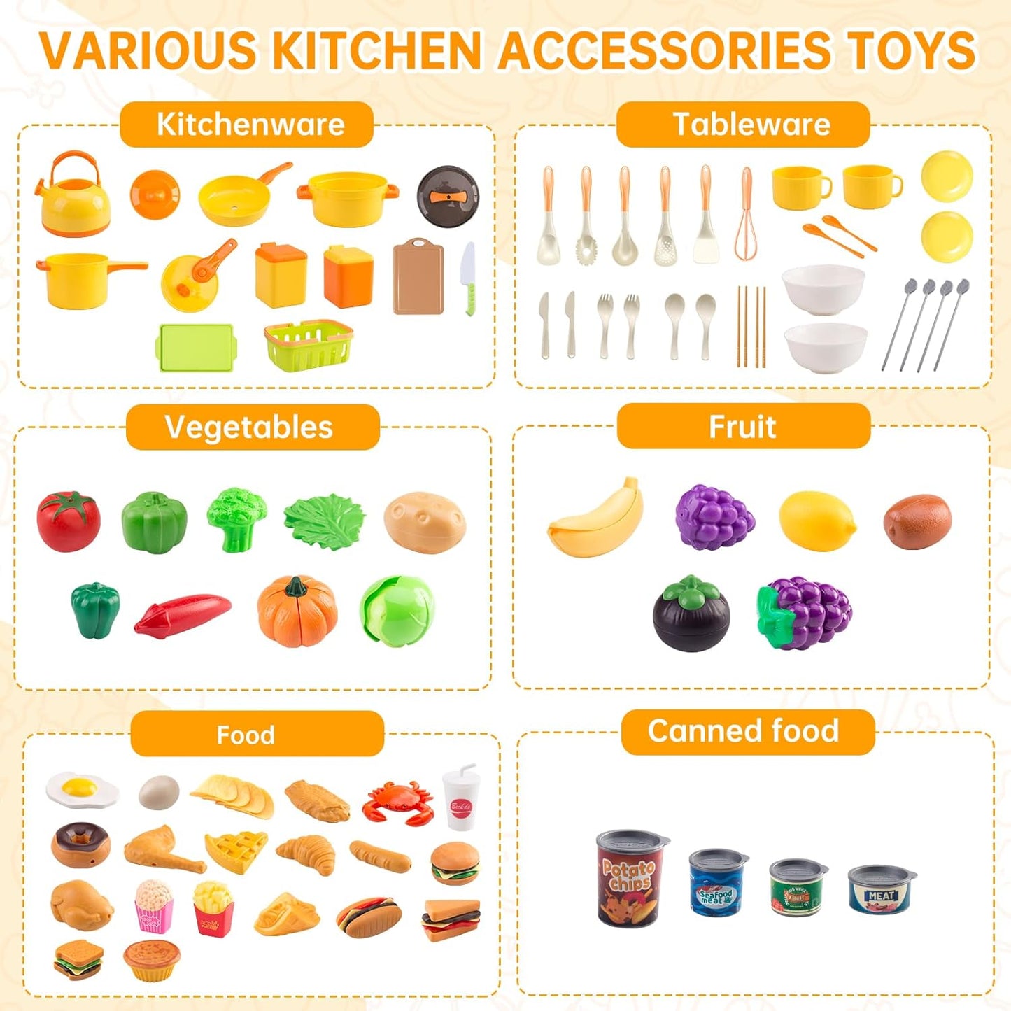 60Pcs Kids Mini Play Kitchen Accessories, Pretend Cooking Play Set with Cookware, Tableware & Fruit & BBQ Sets, Learning Gift for Boys, Girls, Toddlers,Yellow