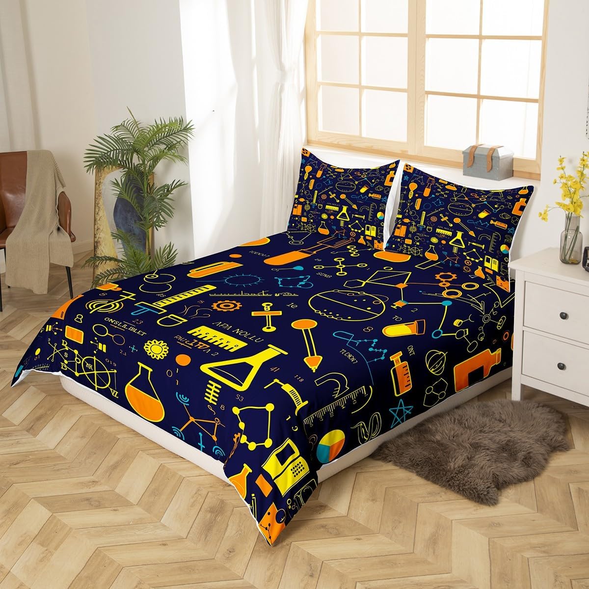 Erosebridal Chemistry Bedding Set Chemical Equation Comforter Cover for Kids Boys,Science Students Duvet Cover Test Tube Microscope Chemical Equipment Bed Set Full,Science Educational Dorm Room Decor