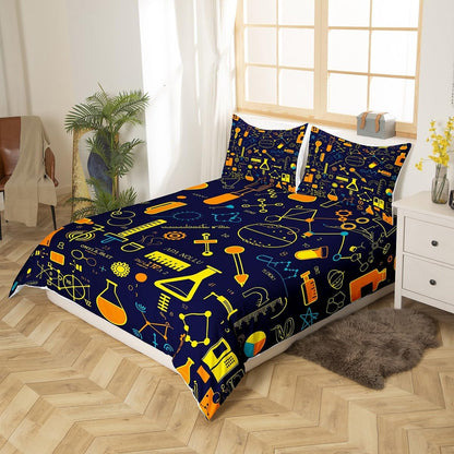 Erosebridal Chemistry Bedding Set Chemical Equation Comforter Cover for Kids Boys,Science Students Duvet Cover Test Tube Microscope Chemical Equipment Bed Set Full,Science Educational Dorm Room Decor