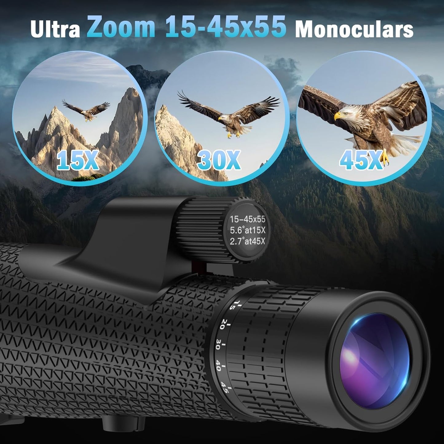 15×55 Monocular Telescope, HD High Powered with Tripod and Phone Adapter, BAK4 Prism, Waterproof & Fogproof, Lightweight for Bird Watching Hunting Hiking and Landscape Photography