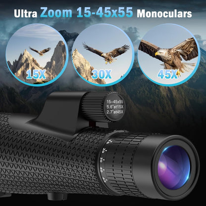 15×55 Monocular Telescope, HD High Powered with Tripod and Phone Adapter, BAK4 Prism, Waterproof & Fogproof, Lightweight for Bird Watching Hunting Hiking and Landscape Photography