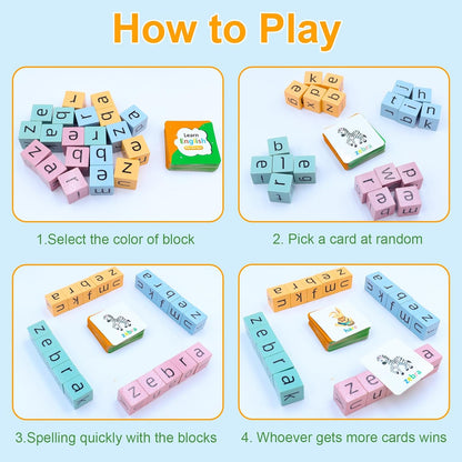 Word Spelling Games, Matching Letter Game for Kids, 20 Wooden Alphabet Blocks with 54 Flashcards, Preschool Learning Activities Toys, Montessori Educational Toys Gifts for Kids Ages 3-8