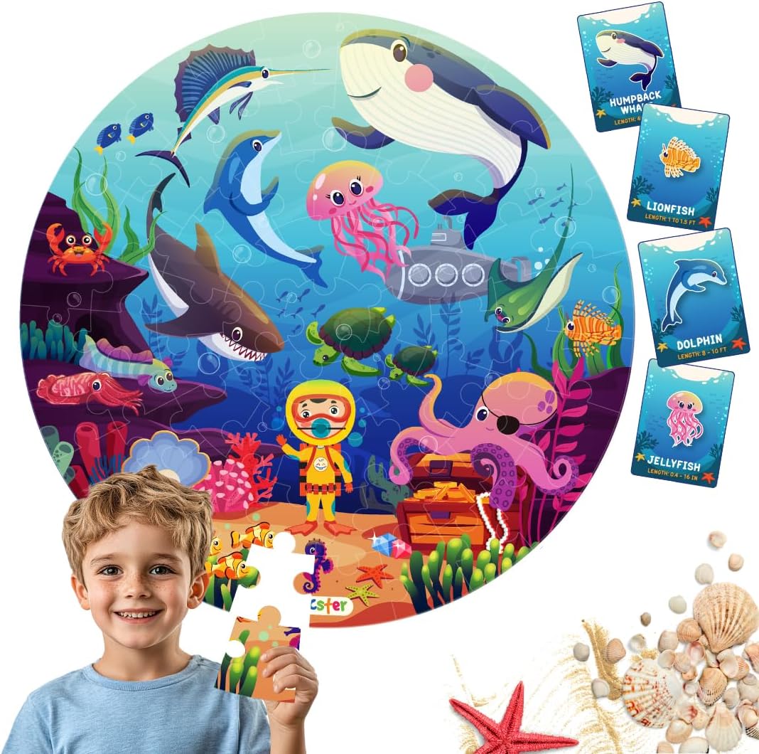 Jumbo 70 Piece Round Floor Puzzles for Kids Ages 3-5, 6-8, Large Jigsaw Puzzle with Educational Flash Cards and 3D Figures | Educational Gift (Animal Safari)