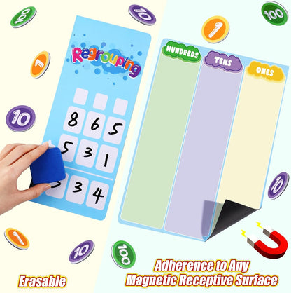 240 Pcs Magnetic Place Value Chart Kit, Math Place Value Manipulatives Regrouping Base Ten Blocks Dry Erase Board for 1st 2nd 3rd Grade Student Classroom Must Haves