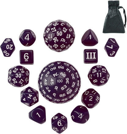 15 Pieces Complete Polyhedral DND Dice Set D3-D100 Spherical D&D Dice Set with Dragon Eye Dice Bag, D100 Dice for RPG Table Games(Black w/Purple Numbers)