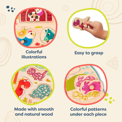 B. toys – 4 Wooden Peg Puzzles – Dinosaurs, Sea Animals, Vehicles, Farm – Puzzles for Toddlers, Kids – 18+ Months