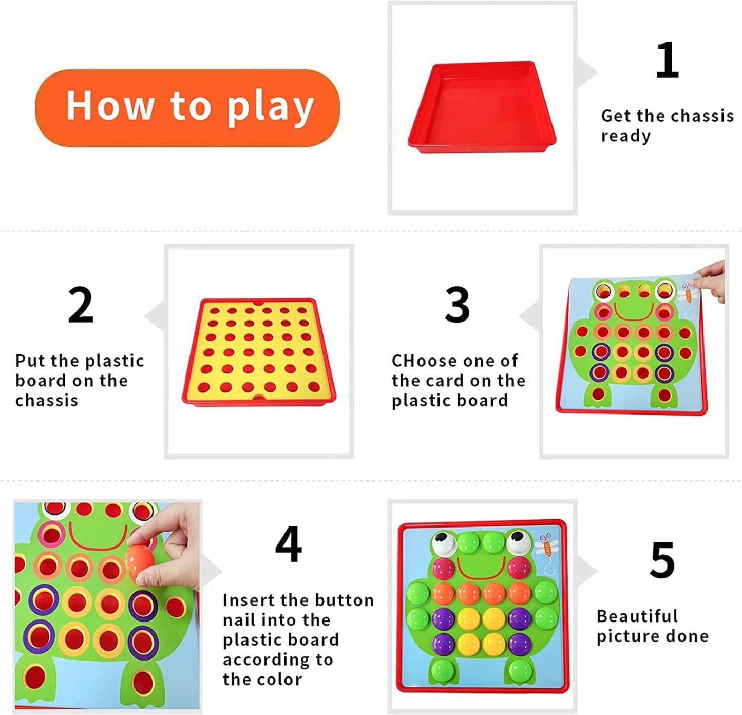 Yihurlm 58 Pcs Button Art Toys for Toddlers,Color Matching Mosaic Pegboard Early Learning Educational Toys,Toddler Activities Crafts for Toddlers,Include 12 Pictures and 46 Buttons with Box