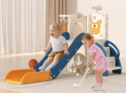 BIERUM Toddler Slide for Kids,6-in-1 Indoor Outdoor Toddler Slides Playground with Basketball Hoop, Golf Game & Telescope, L-Shaped Baby Slide Climber Playset, Cream&Gray