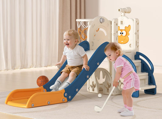 BIERUM Toddler Slide for Kids,6-in-1 Indoor Outdoor Toddler Slides Playground with Basketball Hoop, Golf Game & Telescope, L-Shaped Baby Slide Climber Playset, Cream&Gray