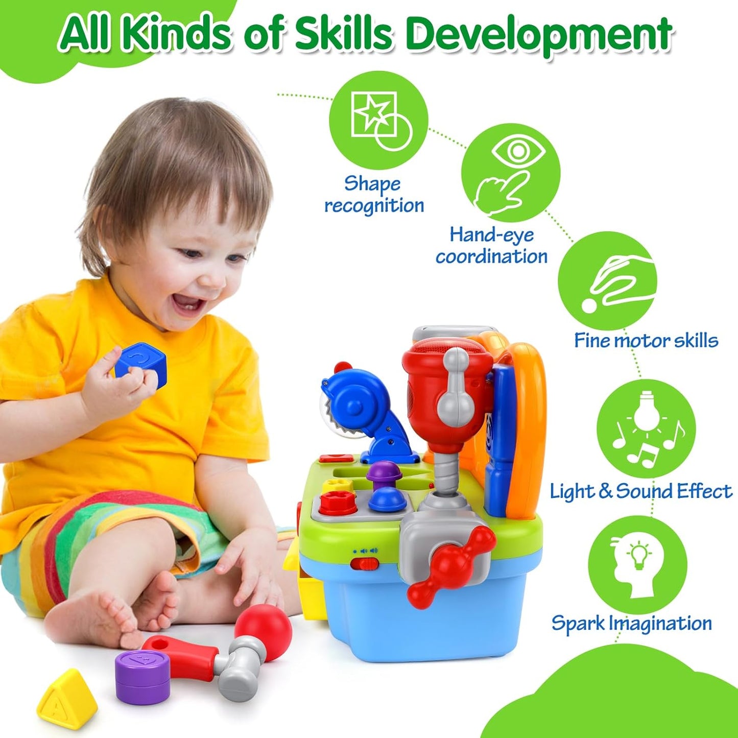 ORWINE Toys for 1 Year Old Boy, Musical Toddler Tool Bench, Montessori Educational Toys with Sound Lights Effect, Shape Sorter, One Year Old Boy Birthday Gift, Engineer Pretend Play Workbench