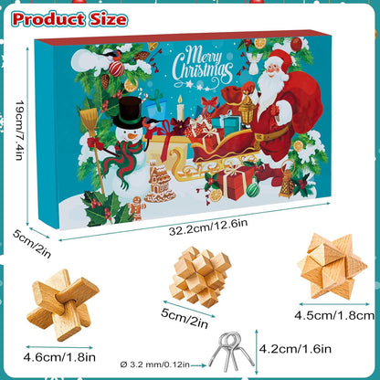 Advent Calendar 2025 Brain Teaser for Kids & Adults - 24 Days of Metal Puzzle Ring & Wooden Toy Games, Christmas Countdown with Mind IQ Logic Challenges, Unlock Interlock Gift for Boys Girls Teens
