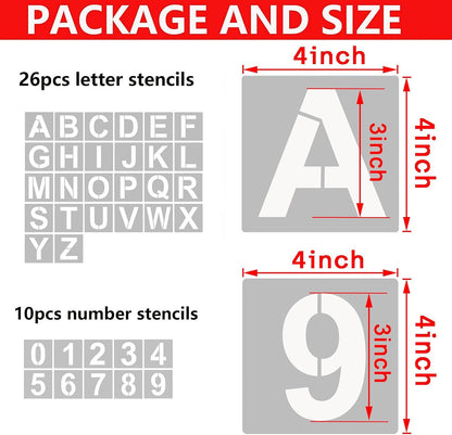 4 Inch Letter Stencils and Numbers, 36 Pcs Alphabet Art Craft Stencil, Reusable Plastic Templates for Wood, Wall, Fabric, Rock, Signage (4 Inch)