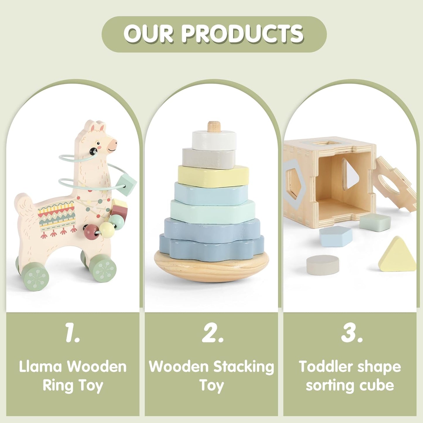FReniland Montessori Toys for 1 Year Old，3-in-1 Wooden Baby Toys，Wooden Stacking Toy，Toddler Shape Sorting Cube, Giraffe Ring Toy,Newborn Baby Gift Sets for Boys and Girls