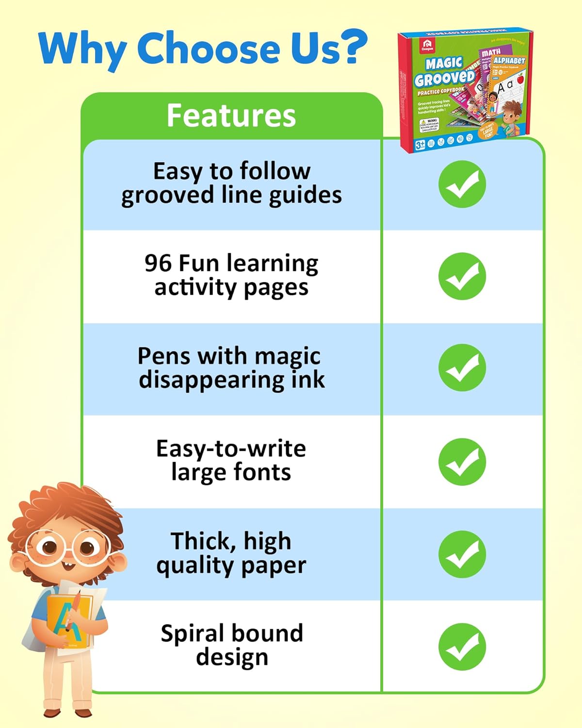 Coogam 6Pcs Magic Grooved Writing Practice for Kids, Grooved Handwriting Copybook with Pens, Learn to Write Number Letter Tracing Workbook for Kids Age 3-8 Preschool Learning Activities