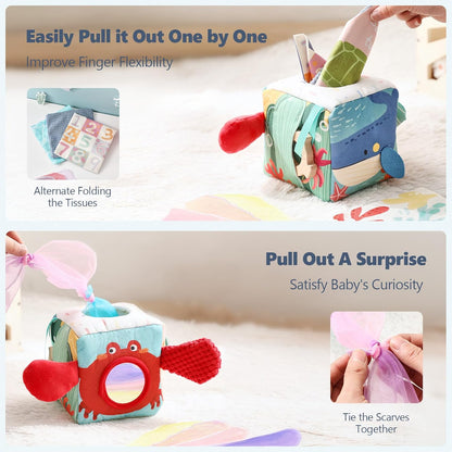 Youuys Baby Tissue Box Toy for Babies 6-12 Months, Montessori Sensory Toys for 1 Year Old Boy, Infant Toy with Crinkle Tissues & Fine Motor, for 6 9 12 18 Months Old Kids 1st Birthday
