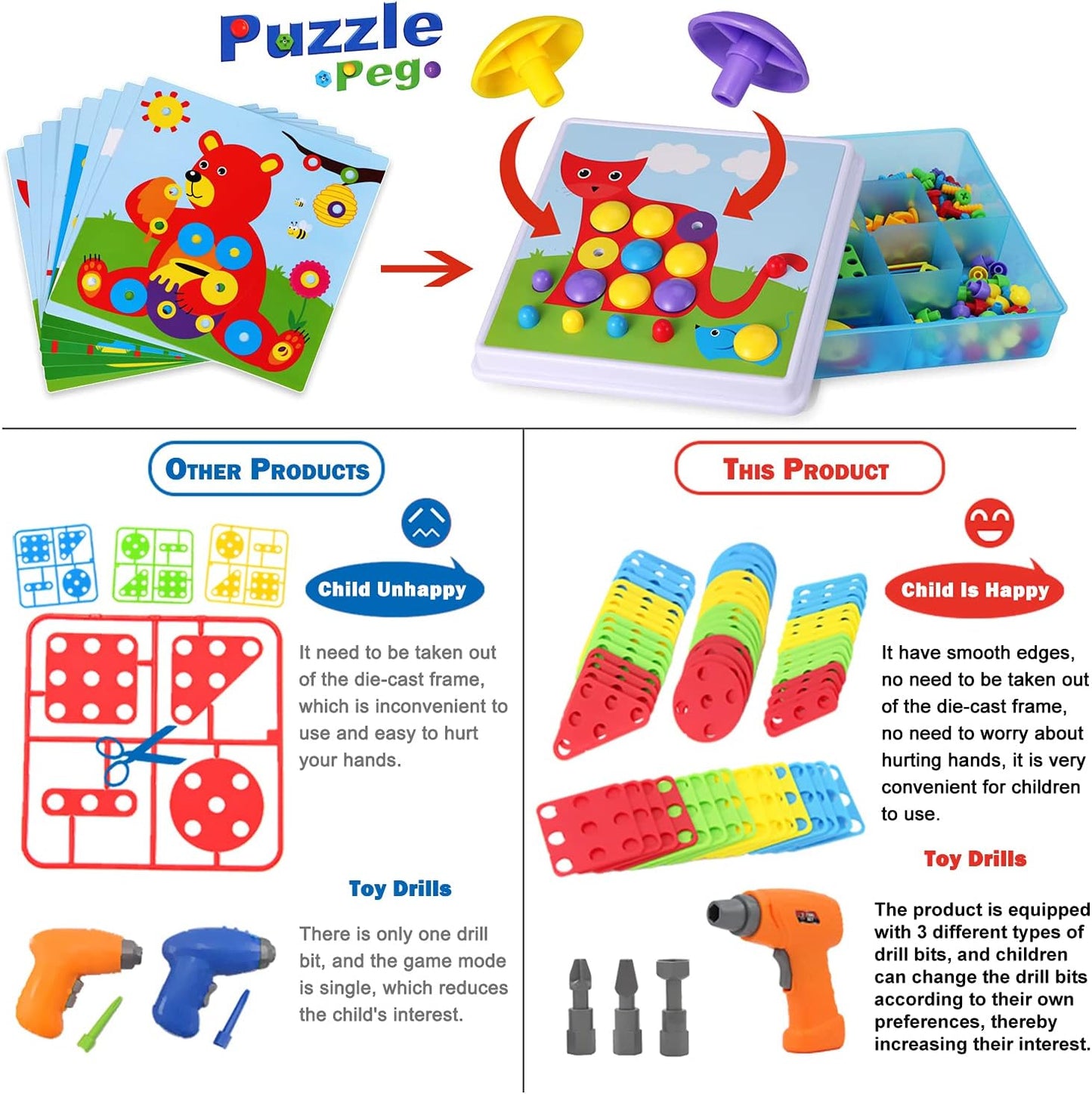 Haifeng Creative Mosaic Tool Kit with Electric Drill, 223PCS STEM Drill Set 3D Building Blocks for Kids, Montessori Educational Construction Toys, Birthday Gift for Boys Girls Ages 3 4 5 6 7 8 10
