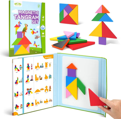 BenBen Travel Tangram Puzzle with 2 Sets Magnetic Wooden Shapes, Extra Large Dual-Sided Magnet Surface, Color Pattern IQ Book，Road Trip Car Plane Game，Educational STEM Travel Toys for Kids Adults