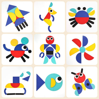 LovesTown Wooden Pattern Blocks Montessori Toys for Toddler Kids Open Ended Shape Puzzles Educational Tangram Preschool Learning Toy with 60 Cards 36 PCS