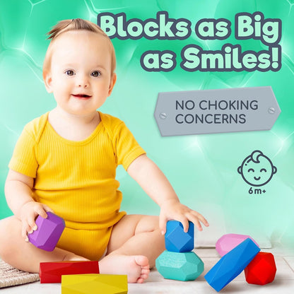36 Pcs Wooden Stacking Blocks – Montessori Toys for 1 2 3 4 5 6 Year Old Toddlers and Kids, XL Rocks, No Choking Hazard – Sensory STEM Building Stones, for Girls and Boys