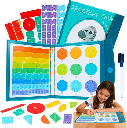 Magnetic Fraction Demonstration Book, Magnetic Fraction Tiles & Circles Educational Puzzle Set, Montessori Fraction Playbook for Kids, Math Manipulatives for Elementary School